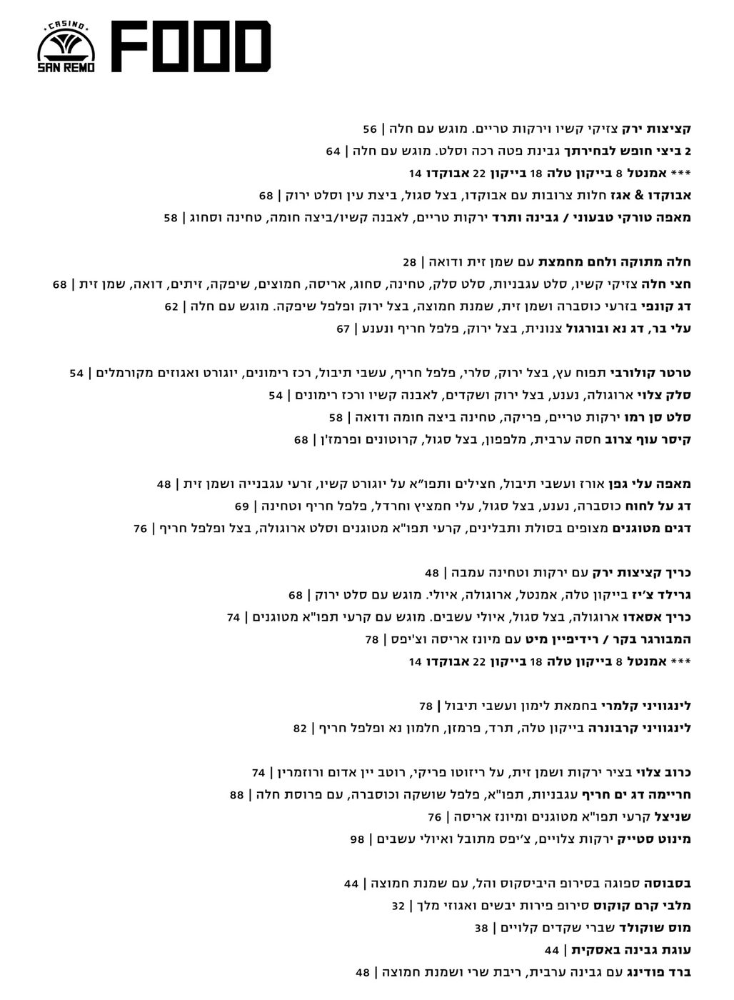 תפריט ההאפי האוור של קנטינה קזינו סן רמו